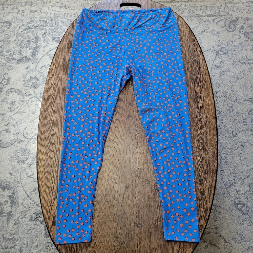 LulaRoe Blue and Red Polka Dot Hi-Rise Legging Size Women's Tall and Curvy 12-22